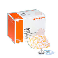 Dressing, Adhesive, Transparent Film, Catheter Dressing with Strips and Label, IV3000 6cm x 8.5cm with edges of orange tape